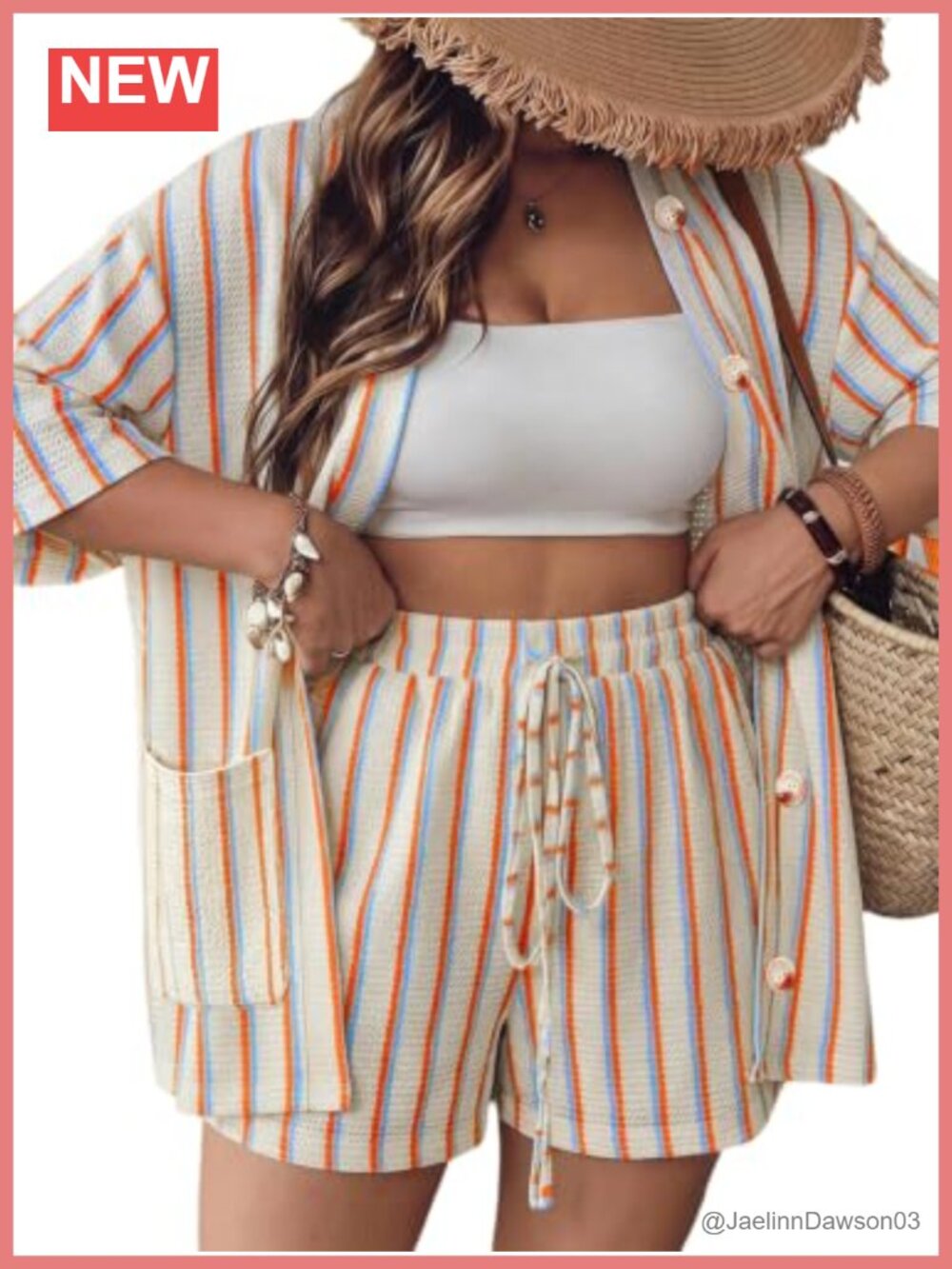Crochet Knit 2 Piece Short Set Striped Cardigan & Shorts Loungewear